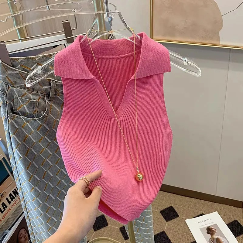 Tank Top Ribbed - Tank Top Rajut Bergaris Mawar Wanita,